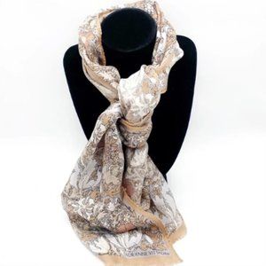 Adrienne Vittadini Cool Tone Brown & Grey Floral Fringed Silk Blend Scarf